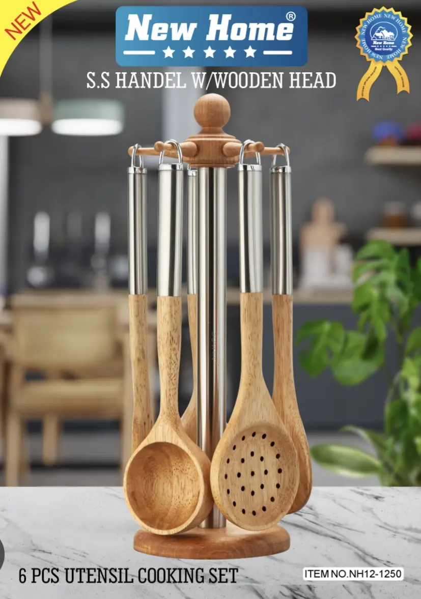 ست 6 پارچه کفگیر و ملاقه نیوهوم طرح چوبی دسته استیل کد NH12-1250