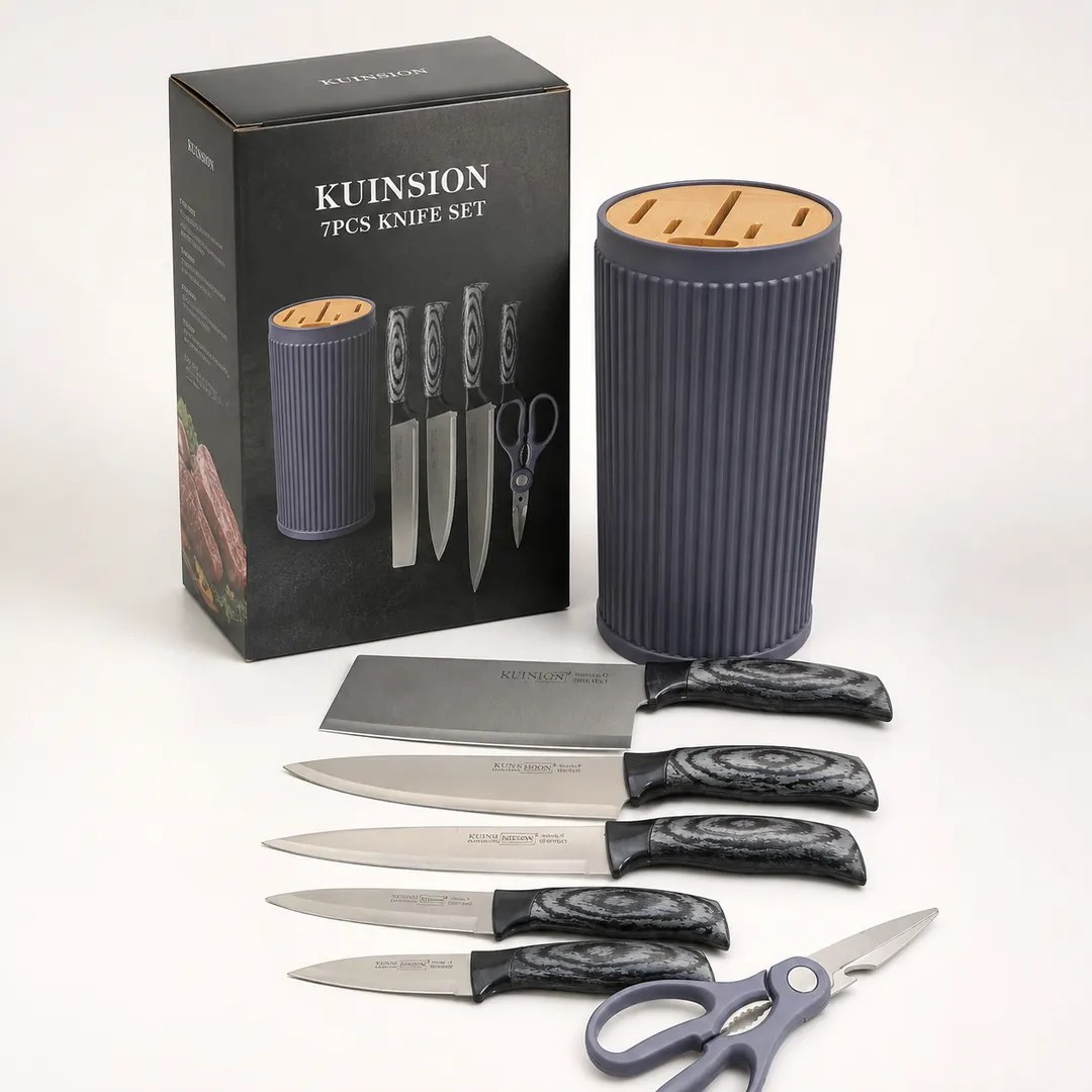 سرویس چاقوی آشپزخانه ۷ پارچه کانسین مدل KUNSION طرح دسته چوبی با پایه استوانه‌ای کد 83